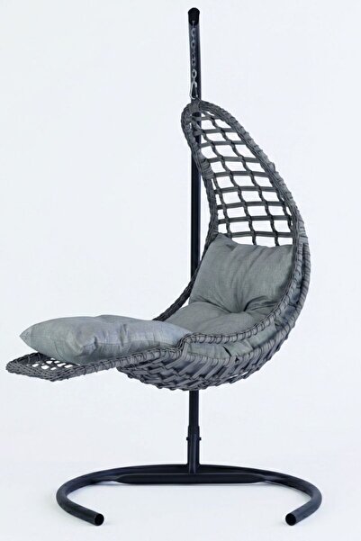 KalyonHome Gardeniza Relax Rattan Tek Kişilik Bahçe Salıncağı Ayak Uzatmalı Balkon Teras Gri Meşe