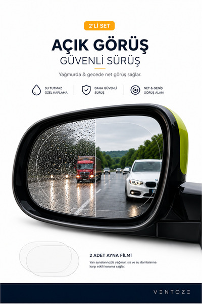 Ventoze Araç Ayna Yağmur Kaydırıcı Film Buğu Önleyici Nano Cam Film Dikiz Ayn...