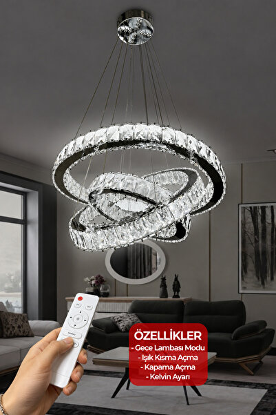 RSCOLLECTIONS 3 Katlı Kristal Taşlı Modern Led Avize