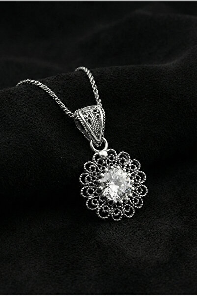 Roza Silver 925 Ayar Nisan Zirkon Doğum Taşı Çiçek Motifli Telkari Gümüş Kolye