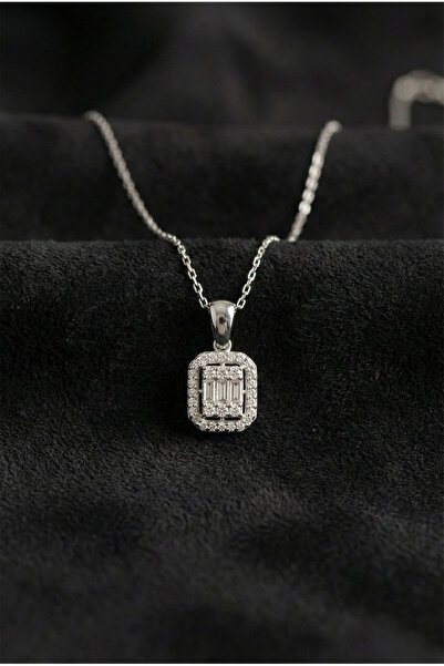 Roza Silver 925 Ayar Zirkon Taşlı Rodyum Üç Sıra Baget Gümüş Kolye