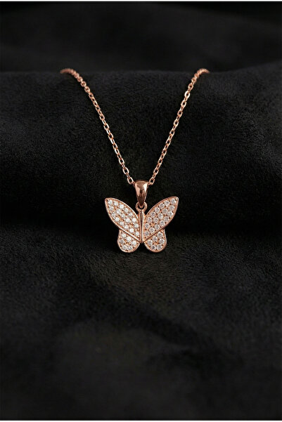 Roza Silver 925 Ayar Zirkon Taşlı Rose Kelebek Gümüş Kolye