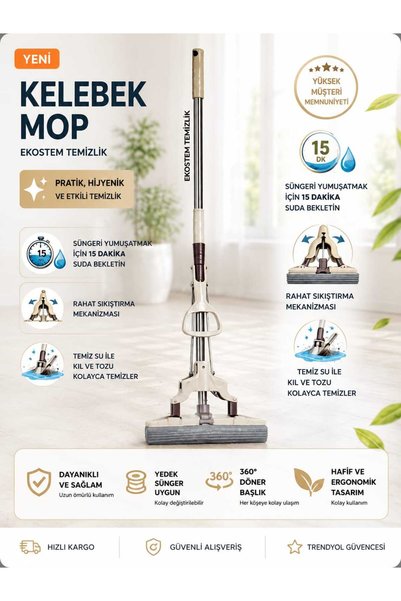 meteshopping Kelebek Sıkma Mekanizmalı Mikrofiber Mop Sünger Sıkmalı Mop+Bez Hediyeli