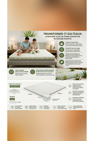 Extramall Topper Saltea 160x200 cm Aloe Vera, Confort Extra, Husă Antibacteri...