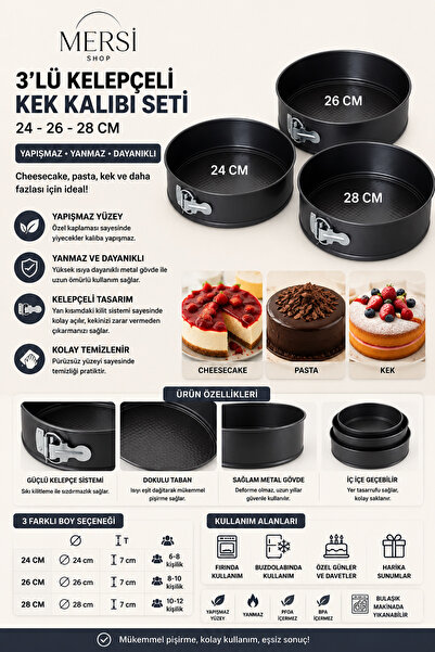 Mersi SHOP 3'lü Kelepçeli Kek Kalıbı Seti 24-26-28 cm | Yapışmaz Yanmaz Metal...