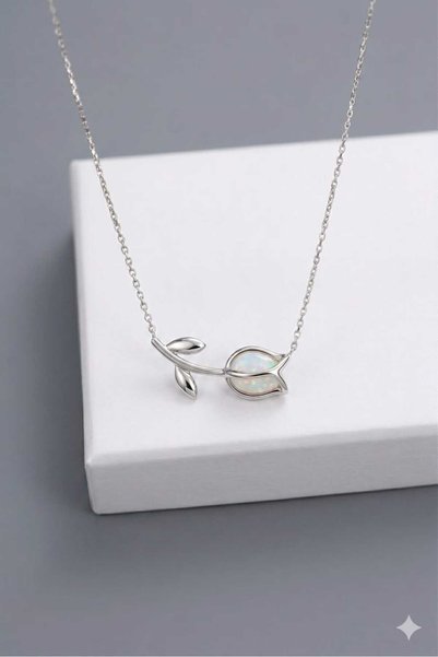 Papatya Silver 925 Ayar Gümüş Altın İşçilikli Beyaz Opal Zarif Lale Kolye.rose.gold.rodaj Renk Seçeneği