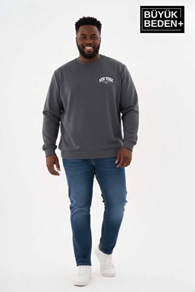 Süperlife Men's Plus Size New York Printed Bisilet Collar Slim Sweatshirt Spr...