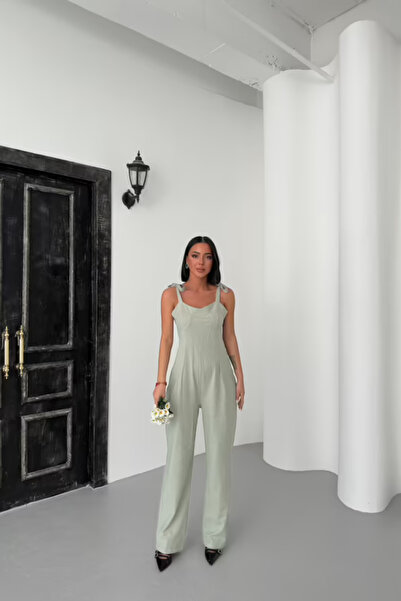 İnouveaue Kadın Keten Geniş Paça Wide Leg Askılı Rahat Tulum
