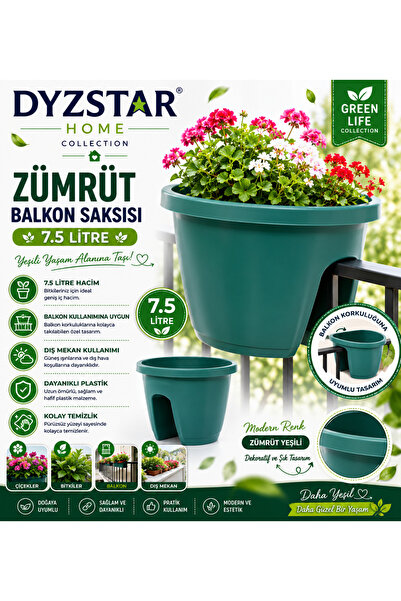 DYZSTAR Home Zümrüt Balkon Saksısı 7.5 Litre Askılı Balkon Korkuluk Saksısı