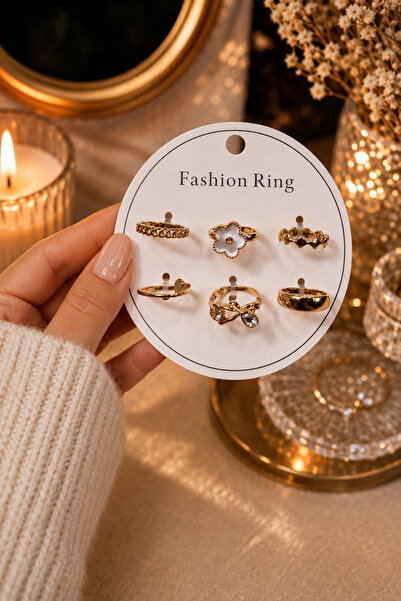 era jewelry Altın Kaplama 6'lı Çoklu Yüzük Seti Eklemli Yüzük Kombini Kararma...