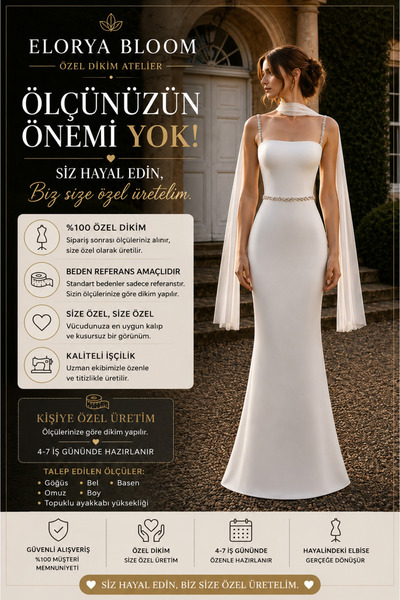 Elorya Bloom ÖZEL DİKİM STRAPLEZ ŞAL DETAYLI KEMER ÜZERİ KRİSTAL TAŞLI NİKAH ...