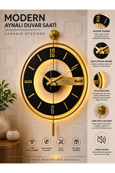 Pey Aksesuar Metal Camlı Duvar Saati 40x60 cm Işıklı Gerçek Cam Duvar Saati M...