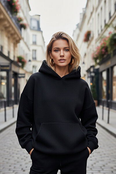 Runades Oversize Women's Sweatshirt - Basic Hoodie with Hood and Kangaroo Pocket