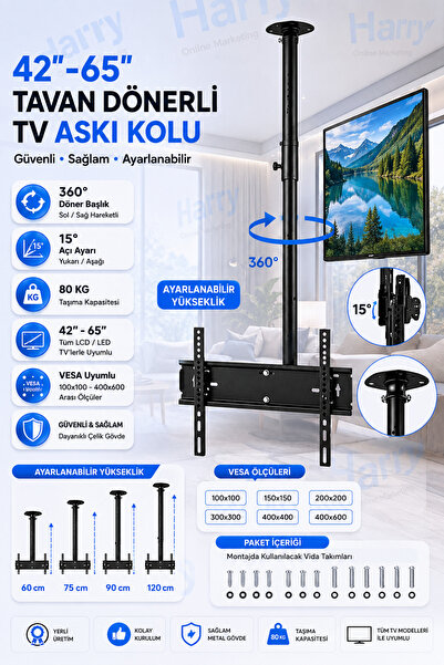 harry Tüm Marka ve Modelere Uyumlu 42"-65" Arası 106-165 Ekran Lcd Tavan Döne...