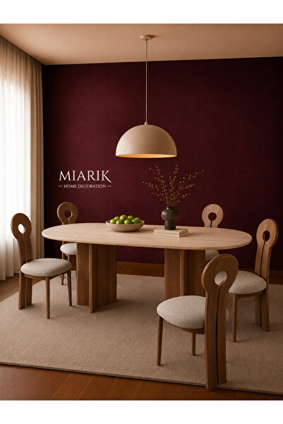 MIARIK DESIGN Asabo Ahsap Ayaklı Traverten Mermer Yemek Masası