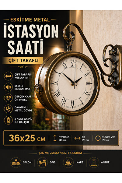 KOLAYEV Vintage Metal Romen İstasyon Saati 36x25 Cm Çift Taraflı Dekoratif Du...
