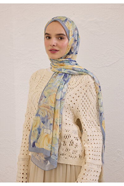 Freshscarfs Soft Mavi Pure Flora Desen Rami Şal