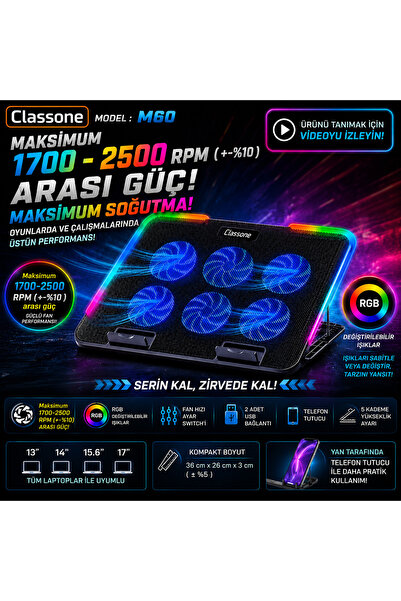 Classone Gaming M60 Laptop Soğutucu 2500 RPM , RGB ,Telefon Standı, 15.6 - 17 inch Uyumlu