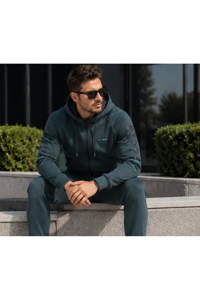 NEED LİFE Men's Petrol Winter Cotton Print Detailed Tracksuit Set