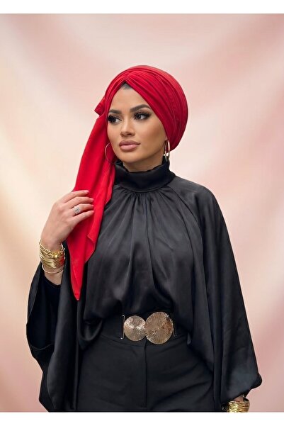 Moda Nurhan Kırmızı ipek saten şallı dolgulu bone