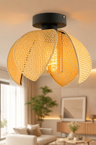 NisaLuce Nisa Luce Lusora Metal Plafonyer avize-4 KANATLI-CAMLI-Hasır Krem