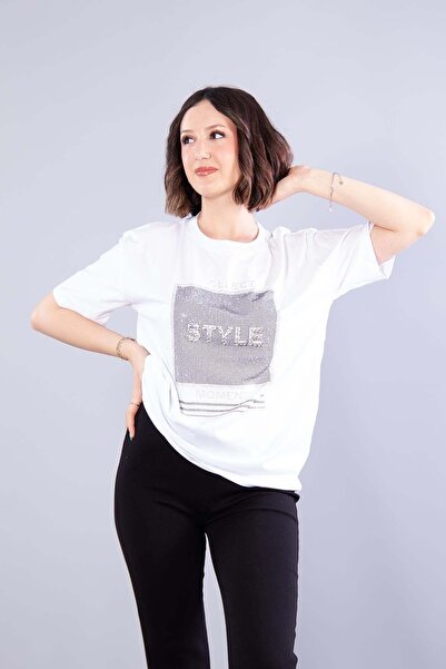 Mckanzie Tricou cu decolteu în formă de O, stil 2007, cu pietre