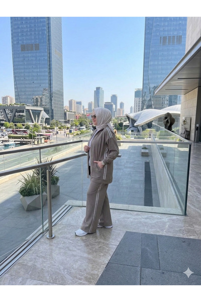 Butik Kardelen Camelya Double Tight Fitted Tracksuit Set Khaki 10563