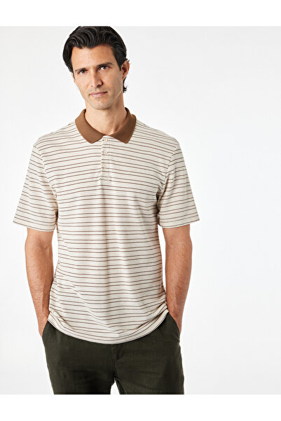 Koton Cotton Linen Blend Short Sleeve Striped Buttoned Color Contrast Polo Co...