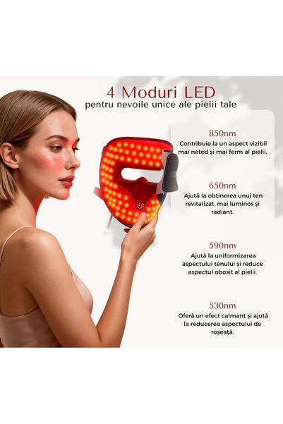 Omaly Mască Facială LED, Fototerapie Anti-Acnee, 4 culori - Reducere Riduri, Fermitate, Anti-Îmbătrânire, Tonifiere, 328 LED-uri, Încărcare USB, cu Telecomandă, Temporizator, Tratament Facial Acasă