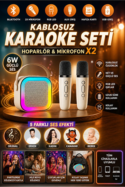 nextbuy Mini Karaoke Bluetooth Hoparlör 2x Kablosuz Mikrofonlu Rgb Led Işıklı...