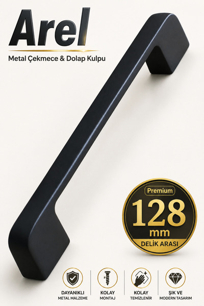 Badem10 Arel (RREMİUM) 128 Mm-12.8 Cm Metal Siyah Mobilya Mutfak Çekmece Dola...