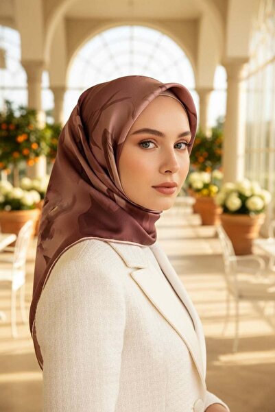 Vissona % 57 İPEK % 43 VİSKON Twill İpek Çiçek Desenli Pudra Renkli 90x90 Dik...