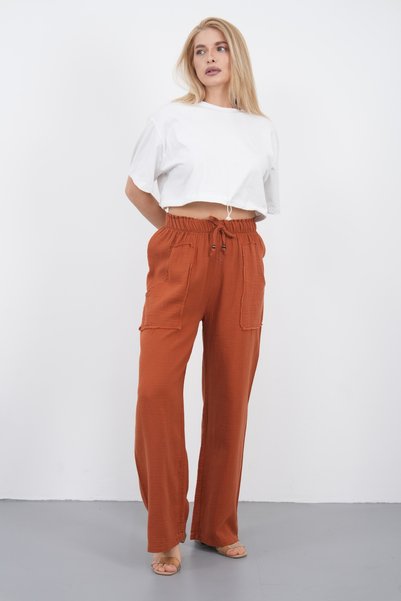 THE VOLER Muslin Palazzo Trousers Women's Summer Loose Wide Leg Casual Comfortable Elastic Waist Pocketed Daily Stylish Trousers