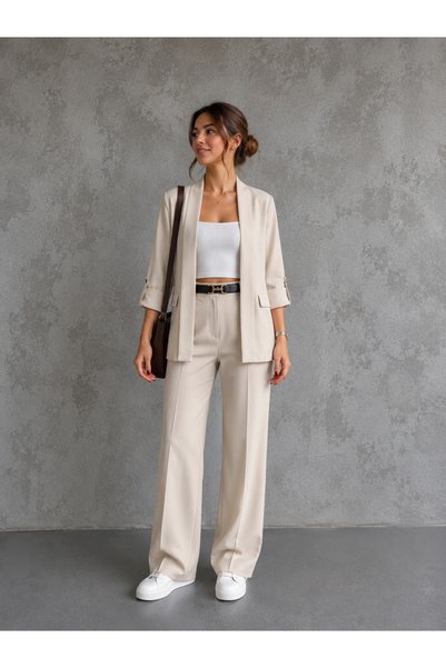 Heyya Women's Wear and Go Buttoned Folded Beige Jacket