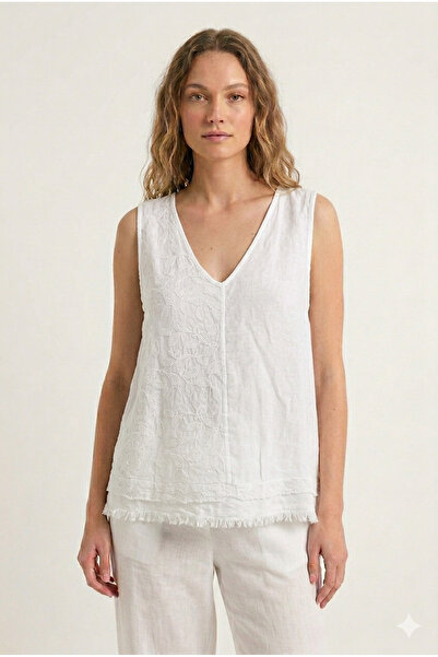 della moor Italian White Floral Embroidered Zero Sleeve Linen Blouse 40 - 44 ...