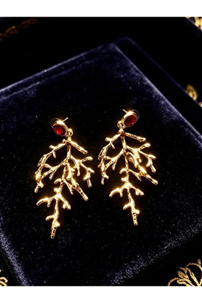 ayoljewelry Gold Leaf Shaped Steel Earrings with Red Detail