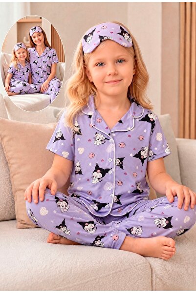 Kidora Kids Kız Çocuk Pamuklu Lila Renk Desenli Gömlek Yaka Düğmeli Kısa Koll...