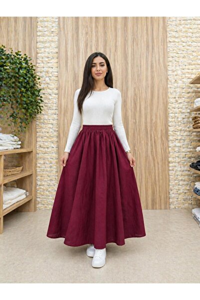 BEFS STORE Fusta evazată cu buzunare și talie elastică, culoare burgundy [SE ...