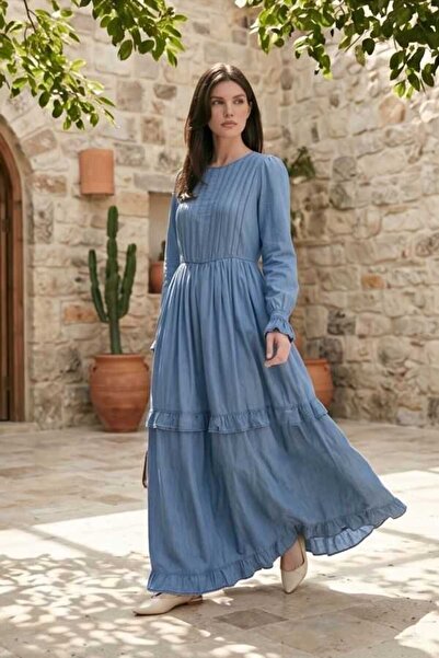 Neways 6616-Denim Nervürlü Fırfırlı Elbise Koyu Mavi