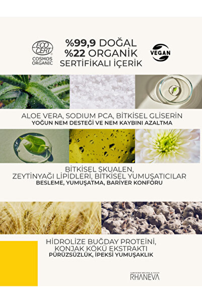 RHANEVA Kuru ve Hassas Ciltler için Yoğun Nemlendirici El ve Vücut Losyonu, Organik ve Vegan Sertifikalı, 250 ml