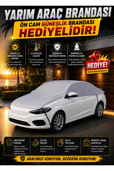 COCEM Yarım Araç Brandası + Ön Cam Güneşlik Brandası Hediyeli 4 Mevsim Koruma...