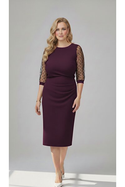 Veline Rochie elegantă vișiniu inchis, midi, pliuri laterale, mâneci din tull...