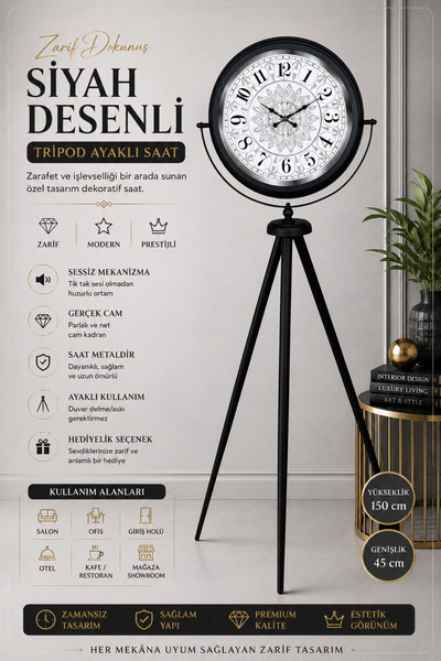 Genel Markalar Siyah Desenli Şık Tripod Ayaklı Saat