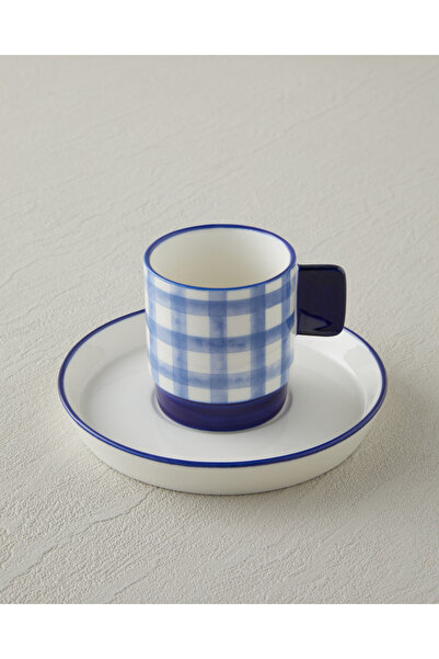 English Home Check & Sip Porselen 4 Parça 2 Kişilik Kahve Fincan Takımı 90 ml Kırmızı - Lacivert