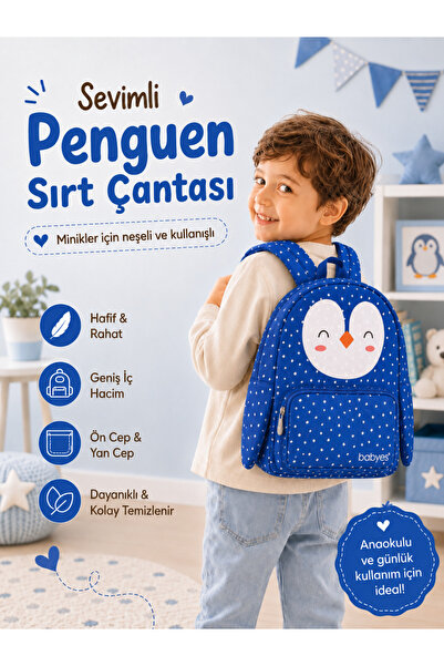 Babyes Sevimli Penguen Figürlü Çocuk Sırt Çantası (0-7 YAŞ) - Kreş,Anaokulu Ç...