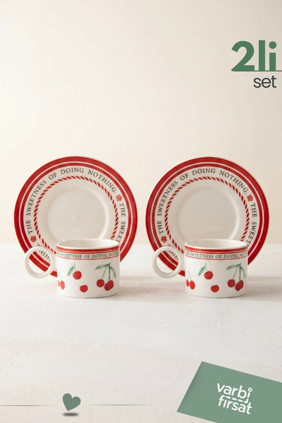Varbifırsat Set of 2 Cherry Patterned Porcelain Cups |   Tea & Coffee Cup Set...
