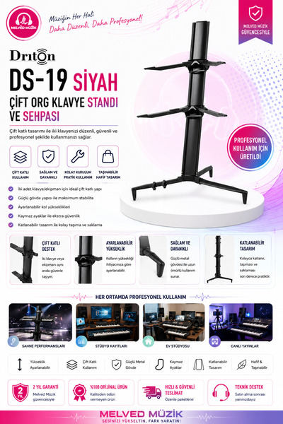 DRİTON DS-19 SİYAH Profesyonel Çift Katlı Ultimate Org Standı Sehpası