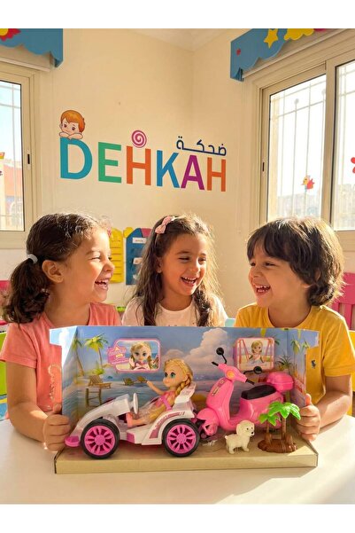 dehkah طقم ألعاب العروسة مع سيارة سباق وسكوتر وردي - مجموعة ألعاب للبنات مع ج...