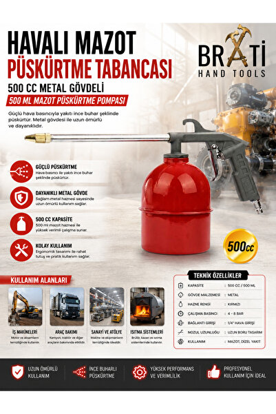 BRATİ HAND TOOLS Havalı Mazot Püskürtme Tabancası 500 cc Metal Gövdeli 500 ml...