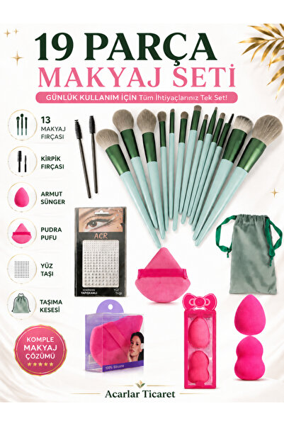 Acarlar Ticaret 19 Parça Lüx Keseli Makyaj Fırça Seti Makyaj Süngeri Ve Fırça...